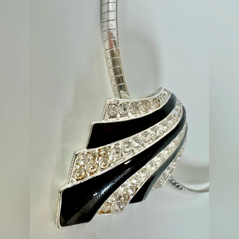 Avon Nina Ricci Black Enamel Rhinestone Silver Tone Necklace & Clip Earrings